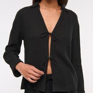 Abercrombie & Fitch Long Sleeve Oversized Tie-Front Gauzy Shirt